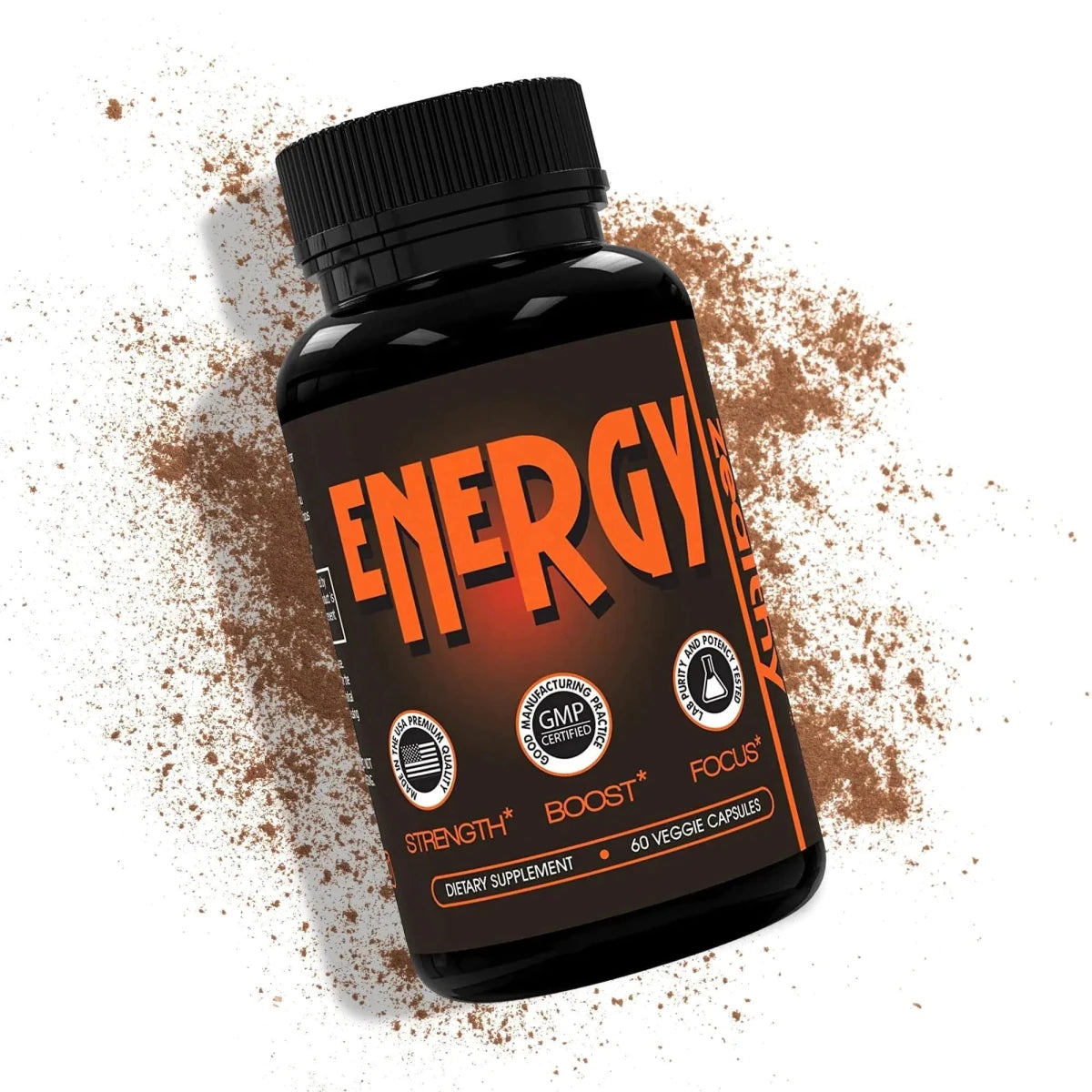 Mandotos International caffeine pills for energy boost, alternative to energy drinks, shown in a bottle with 60 pills.