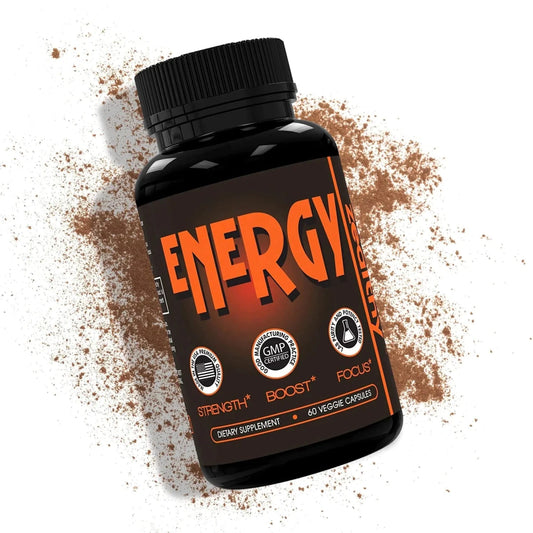Mandotos International caffeine pills for energy boost, alternative to energy drinks, shown in a bottle with 60 pills.
