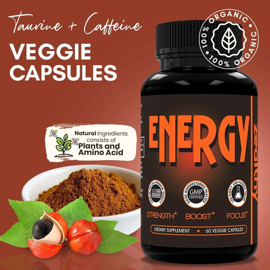 Mandotos International caffeine pills, energy gel, and gummies in a bottle, providing a natural energy boost alternative to energy drinks.