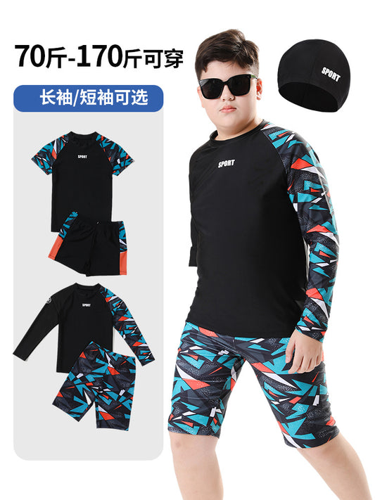 Mandotos International boys' swim trunks for kids, 2026 new model, two-piece hot spring swimwear for older children and youth.