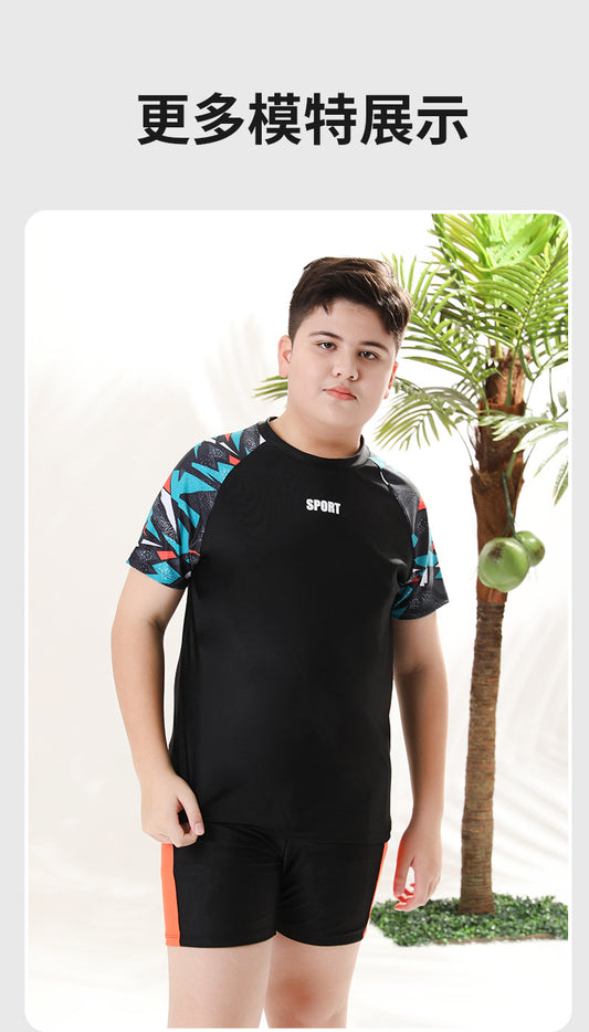 Mandotos International boys' swim trunks, 2026 new model, two-piece youth swimwear with vibrant colors for kids' hot spring swimming.