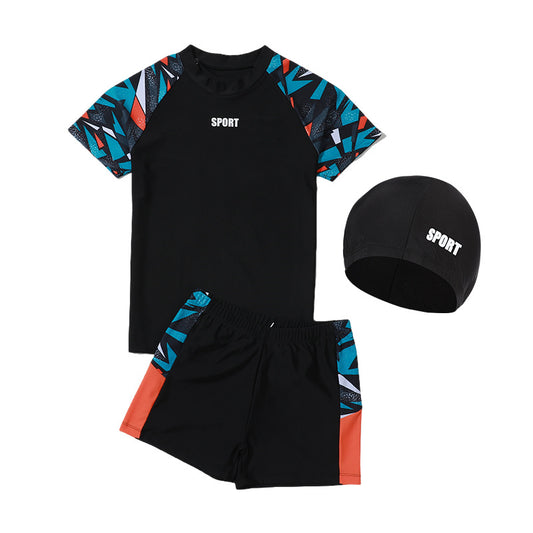 Mandotos International boys' swim trunks for kids, 2026 new model, two-piece youth swimwear for hot spring swimming, colorful design.