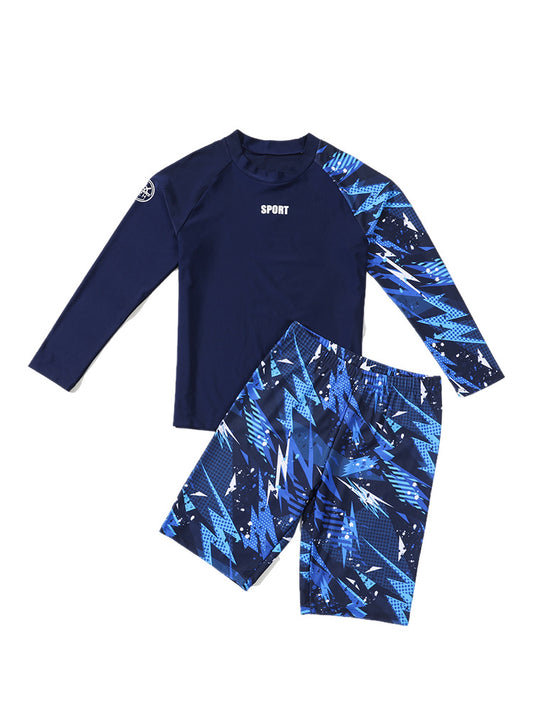 Children's boys' two-piece swim trunks by Mandotos International, professional sun-protective swimwear for hot spring vacations.