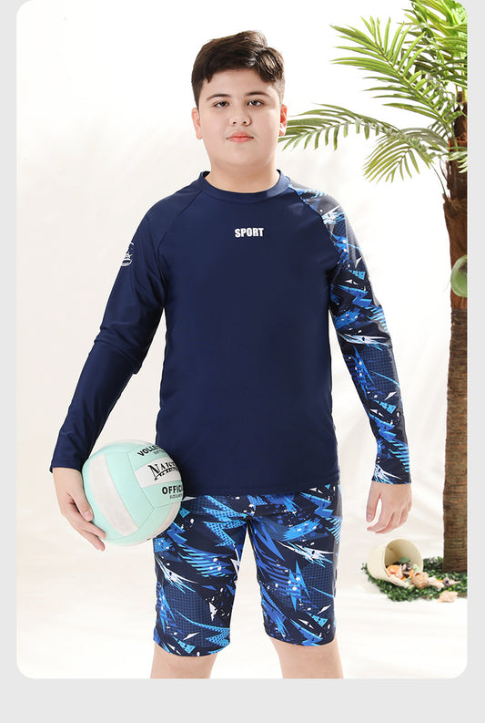 Children's two-piece boys' swimwear by Mandotos International featuring sun-protective swim trunks, 2026 model, suitable for hot springs.