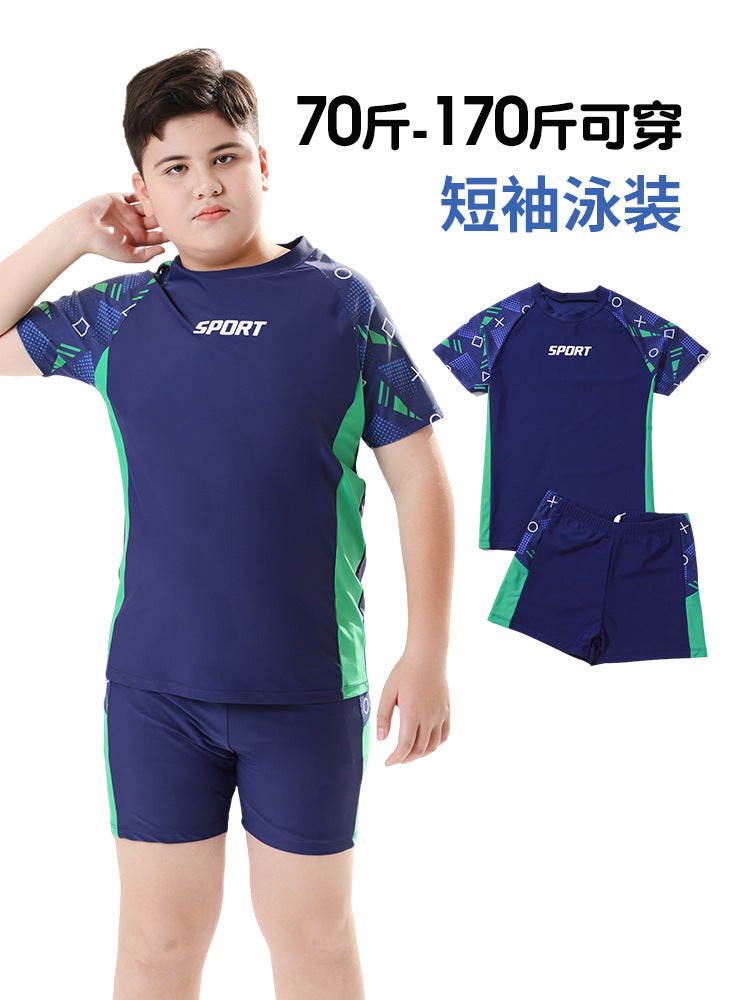 Children's boys' two-piece swim trunks by Mandotos International, sun-protective swimsuit suitable for hot springs and outdoor swimming.