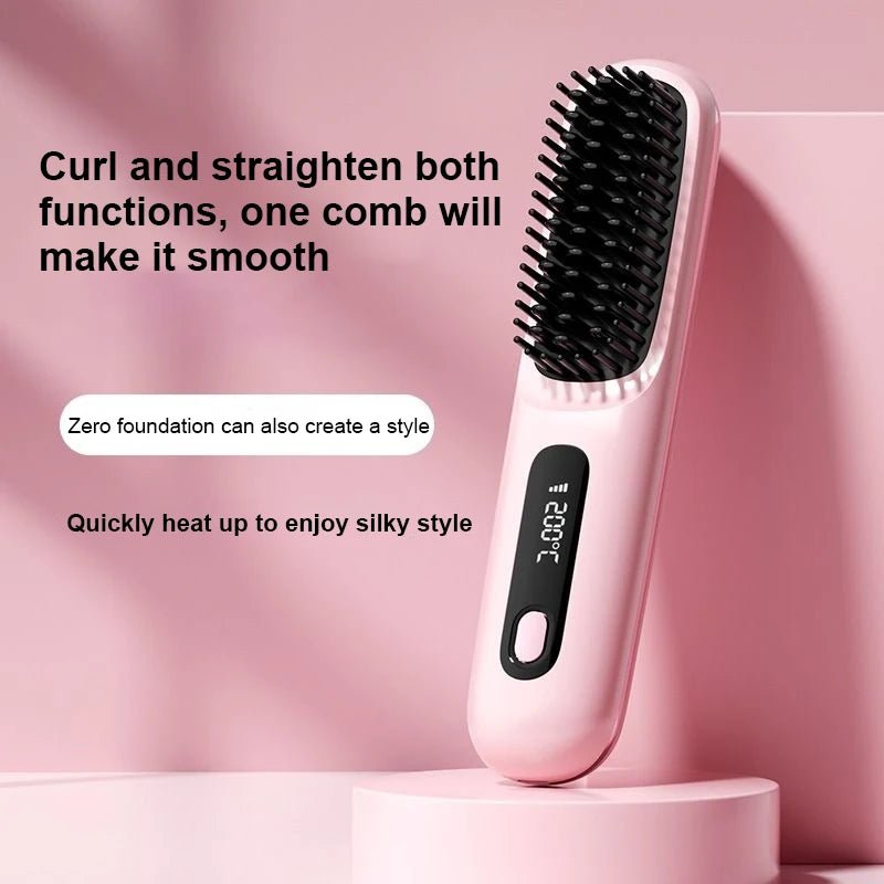 Mandotos International cordless mini hair straightener and styling brush, USB rechargeable hot comb for travel and quick styling.
