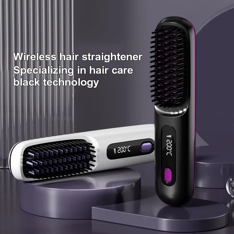 Mandotos International cordless portable mini hair straightener with USB recharge, hot comb, and styling brush for travel use