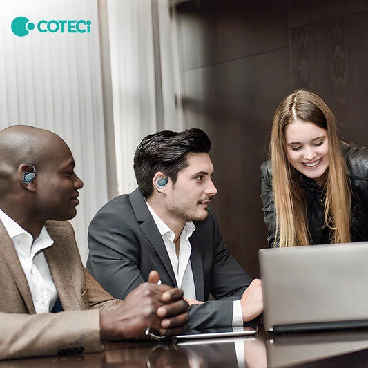 Mandotos International COTECi translation earbuds with AI, supporting 144 languages and 8-hour battery life, in a sleek design.
