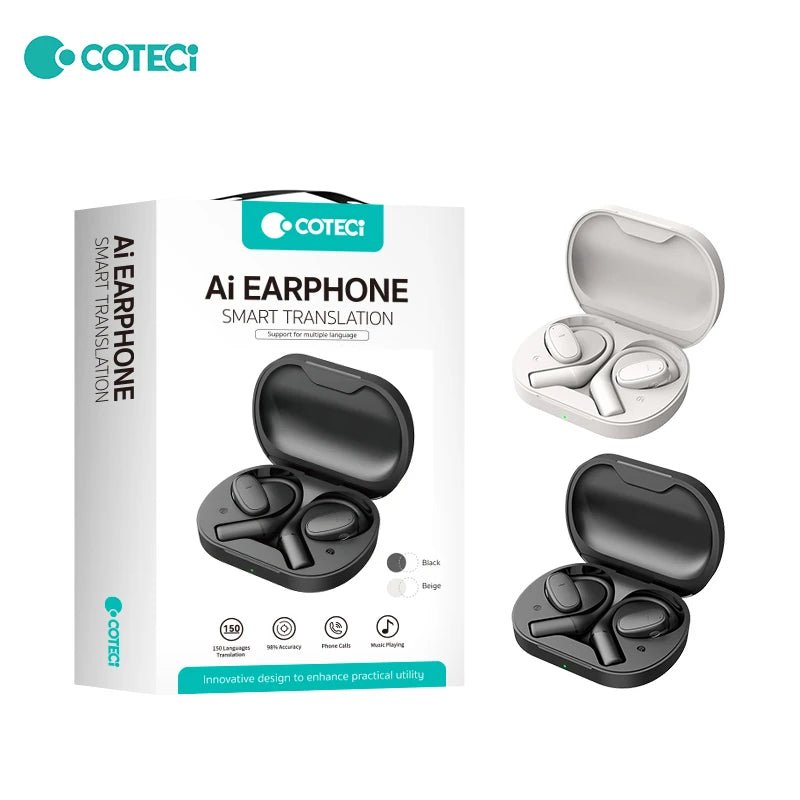 Mandotos International COTECi translation earbuds in black, showing sleek design with charging case and digital display.
