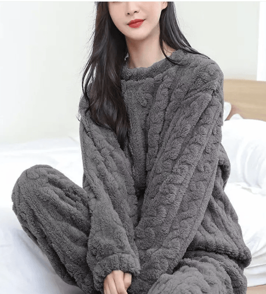 Cozy coral velvet sleepwear set by Mandotos International, featuring a soft, plush top and matching bottoms for comfortable lounging.