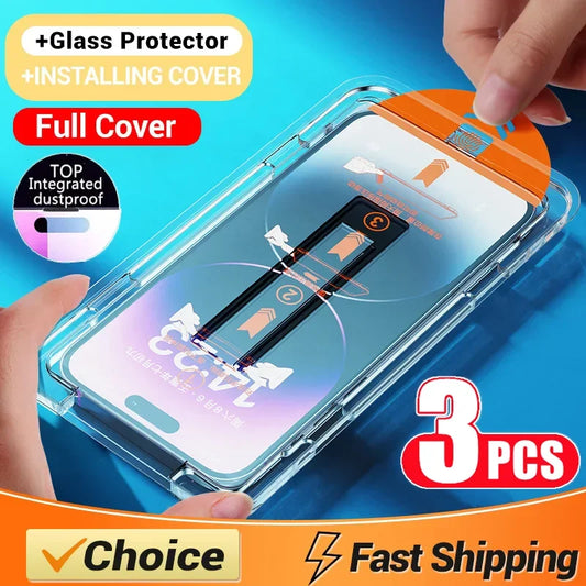 Dust-free oleophobic screen protector for iPhone 14-15, XS-XR, 16-17 by MANDOTOS INTERNATIONAL, showing easy install glass.