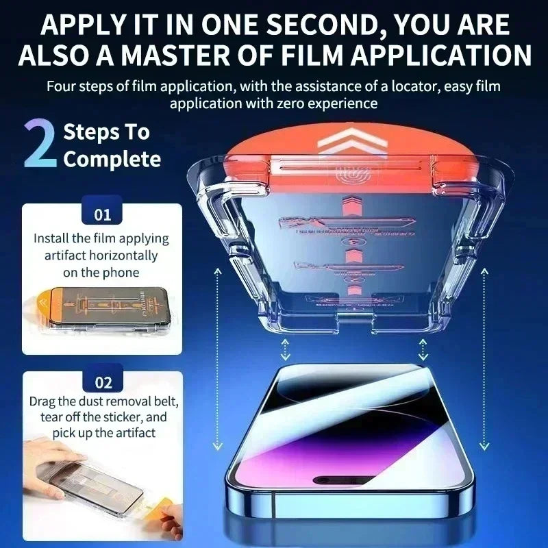 Mandotos international dust-free oleophobic screen protector for iPhone 14-15, XS-XR, and 16-17, with easy install glass.