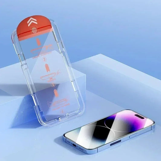 Mandotos international dust-free oleophobic screen protector for iPhone 14-15, XS-XR, 16-17, easy install glass.