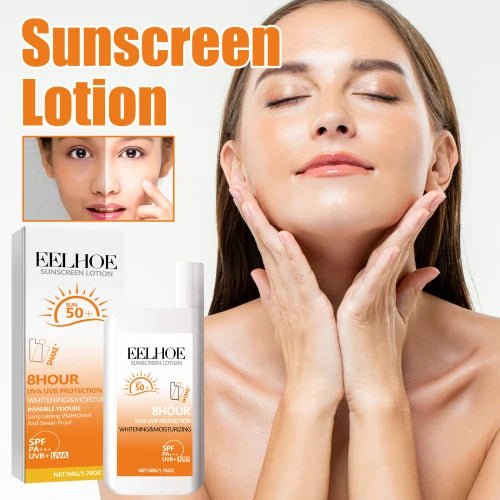 EELHOE Sunscreen Lotion by MANDOTOS INTERNATIONAL with SPF 50, hydrating UV protection, creamy texture, and pump dispenser.