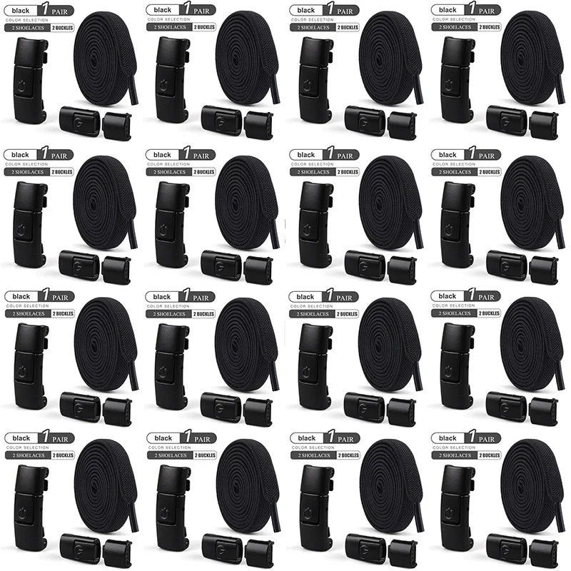 Elastic no-tie shoelaces with press lock for sneakers by MANDOTOS INTERNATIONAL, suitable for kids and adults, shown on sneakers.
