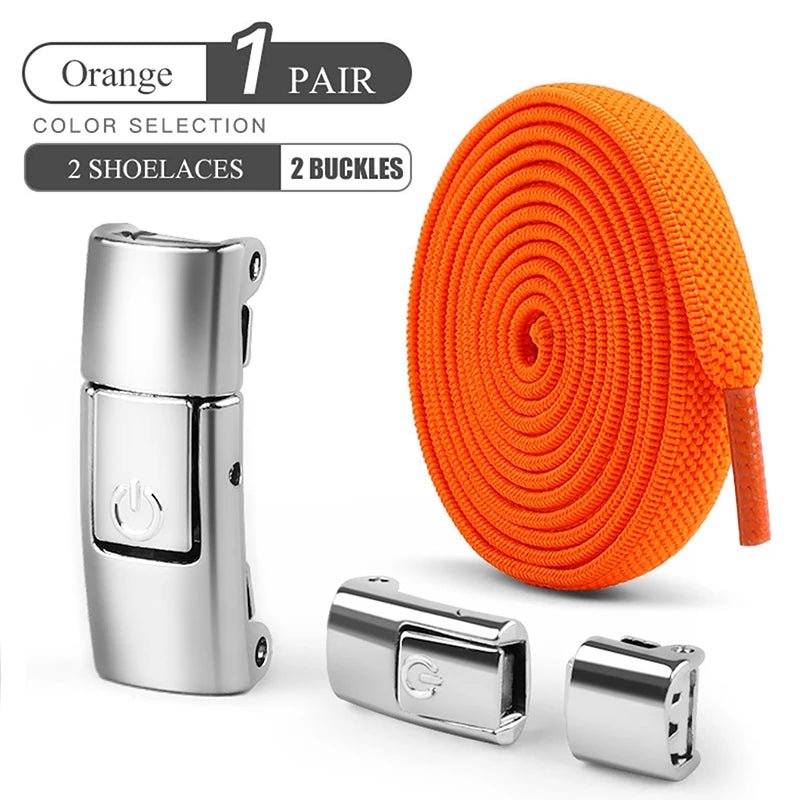 Elastic no-tie shoelaces with press lock from MANDOTOS INTERNATIONAL, suitable for kids and adults’ sneakers, shown installed.