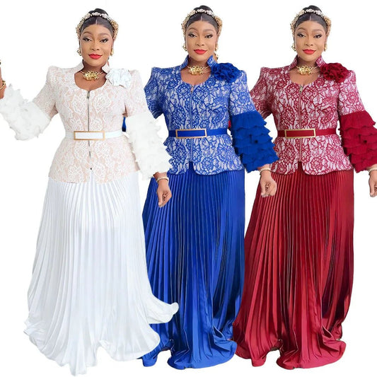 Elegant African V-neck maxi dress by MANDOTOS INTERNATIONAL, stylish for wedding parties and special occasions.