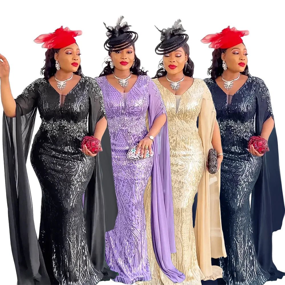 Elegant African V-neck maxi dress by MANDOTOS INTERNATIONAL, featuring vibrant fabric and flowing silhouette for wedding parties.