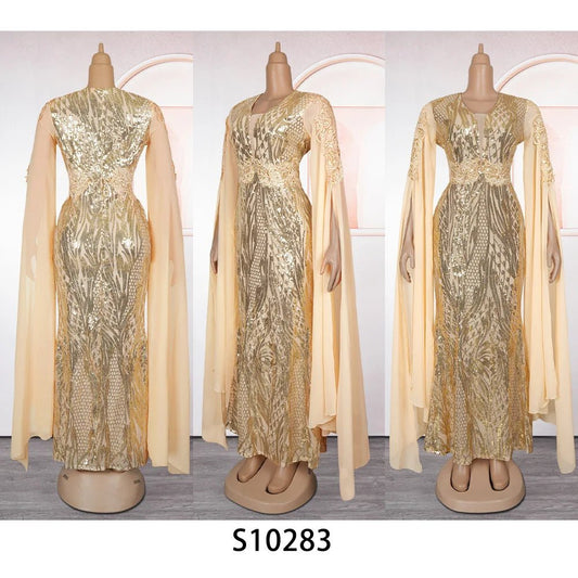 Elegant African V-neck Maxi Dress by MANDOTOS INTERNATIONAL, designed for wedding parties, featuring intricate patterns and flowing fabric.