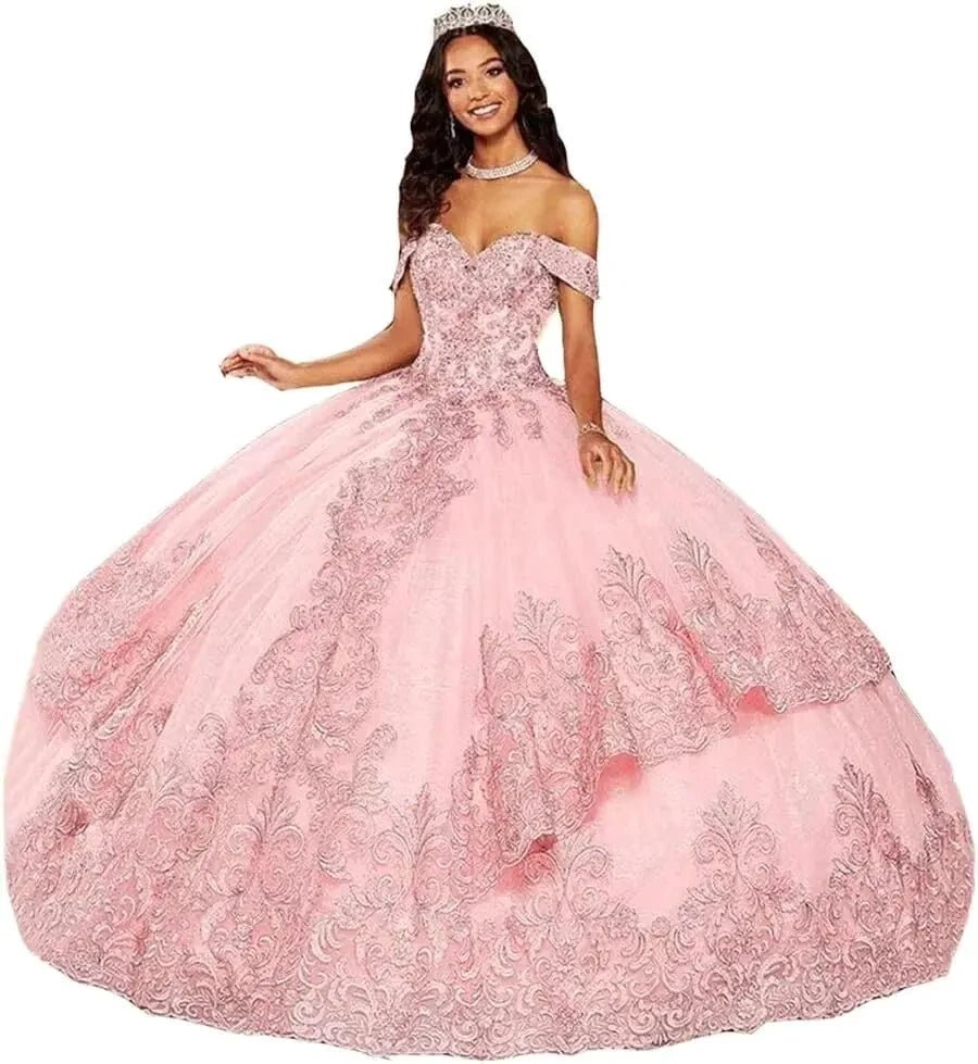 Elegant tulle off-shoulder beaded Quinceanera ball gown by MANDOTOS INTERNATIONAL, featuring intricate beadwork and flowing fabric.