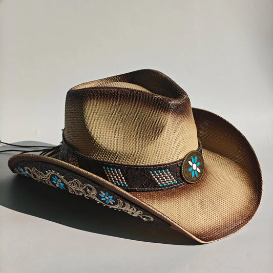 Embroidered straw cowboy hat by MANDOTOS INTERNATIONAL, western sun hat for women and men, perfect for rodeo and country style.