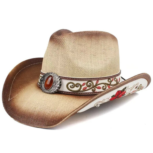 Embroidered straw cowboy hat by MANDOTOS INTERNATIONAL, Western-style sun hat for women and men, perfect for rodeo and country wear.