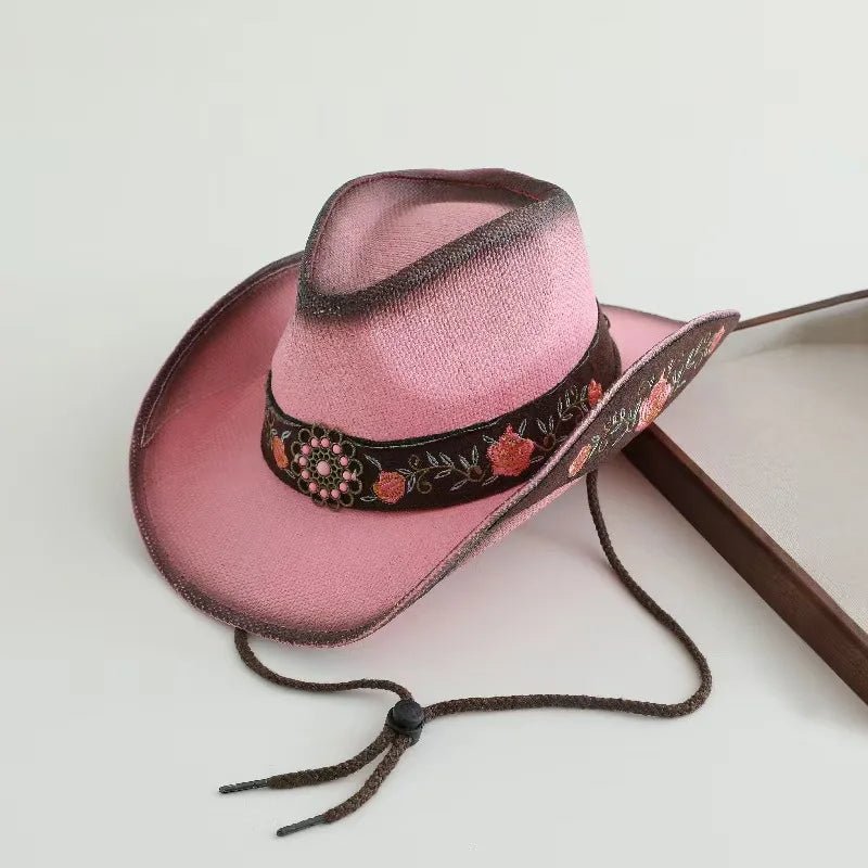 Embroidered straw cowboy hat by MANDOTOS INTERNATIONAL, Western sun hat for women and men, suitable for rodeo or country wear.