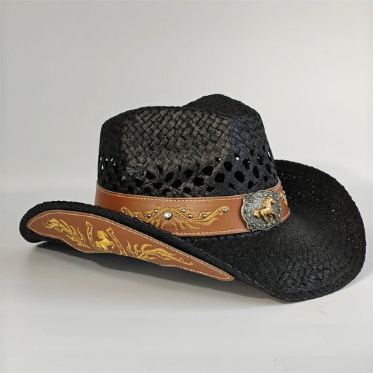 Embroidered straw cowboy hat by MANDOTOS INTERNATIONAL, Western sun hat for women and men, country rodeo cowgirl style