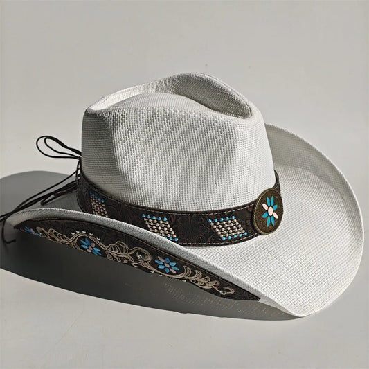 Embroidered straw cowboy hat by MANDOTOS INTERNATIONAL, Western sun hat for women and men, perfect for country rodeo and cowgirl style