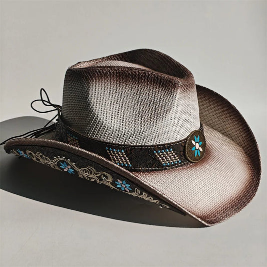 Embroidered straw cowboy hat by MANDOTOS INTERNATIONAL, a western sun hat for women and men, perfect for rodeo or country style.