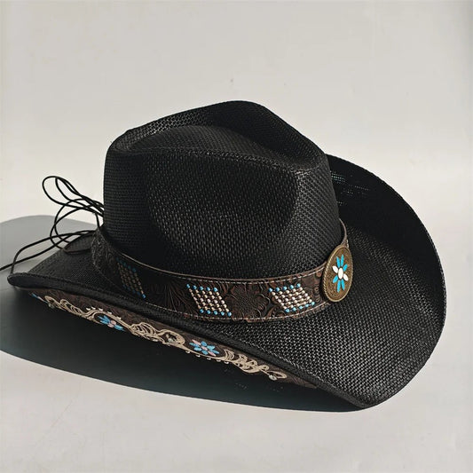 Embroidered straw cowboy hat by MANDOTOS INTERNATIONAL, Western sun hat for women and men, perfect for rodeo and country style.