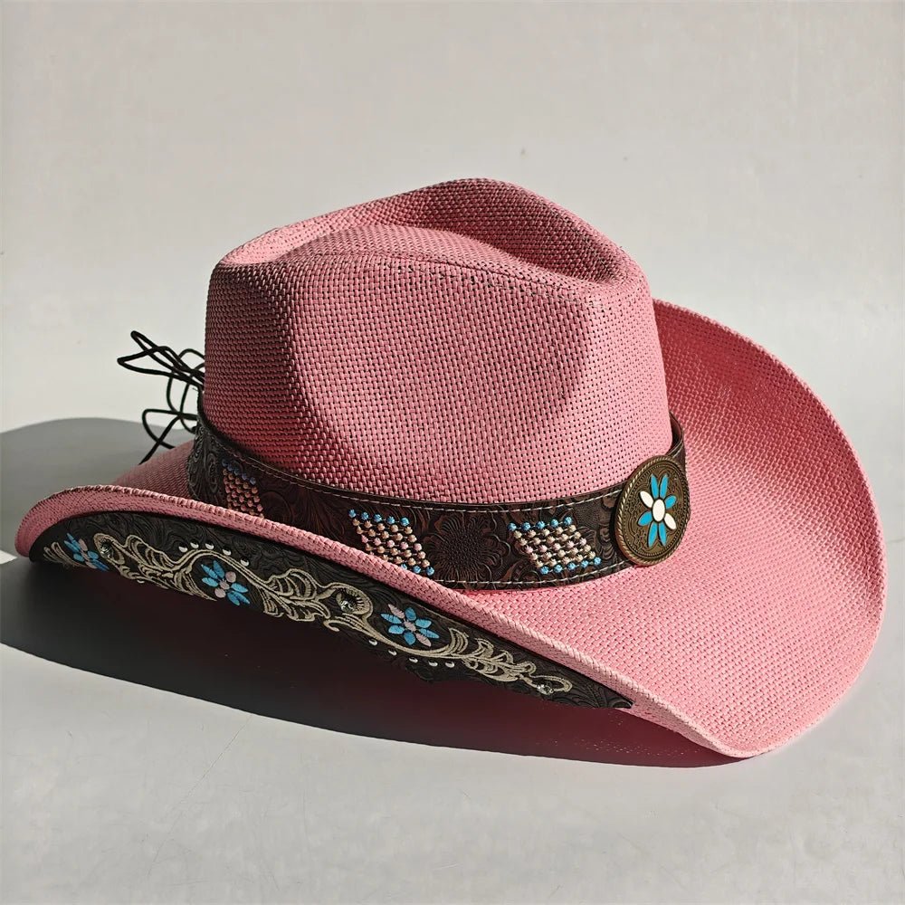 Embroidered straw cowboy hat by MANDOTOS INTERNATIONAL, Western sun hat for women and men, ideal for country and rodeo style.