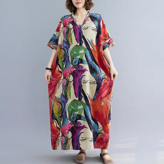 Ethnic Bohemian beach dress for women by MANDOTOS INTERNATIONAL, featuring casual, flowy fabric with colorful ethnic patterns.