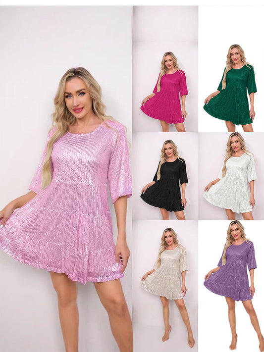 Mandotos International solid color short sleeve sequined skirt dress, stylish loose waist design for European and US fashion events.