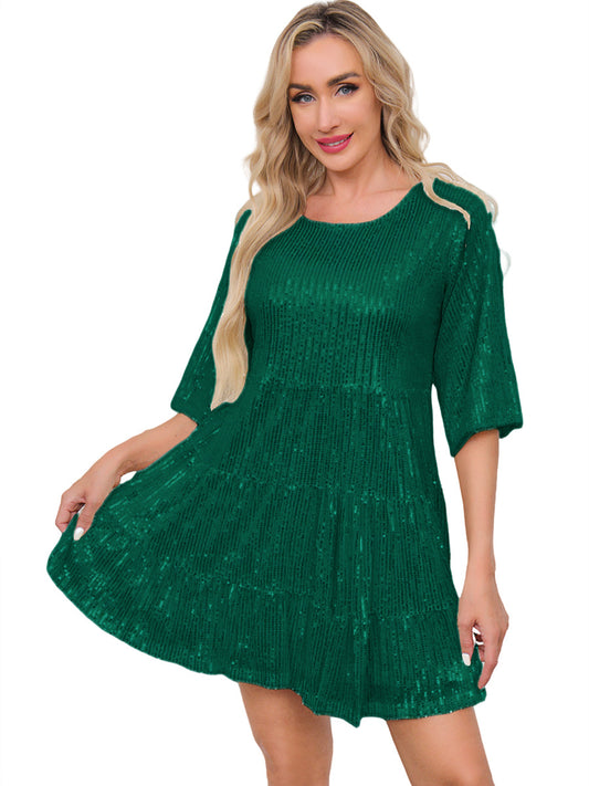 Mandotos International solid color short sleeve skirt sequined dress, perfect for banquets and fashion-forward cross-border trade events