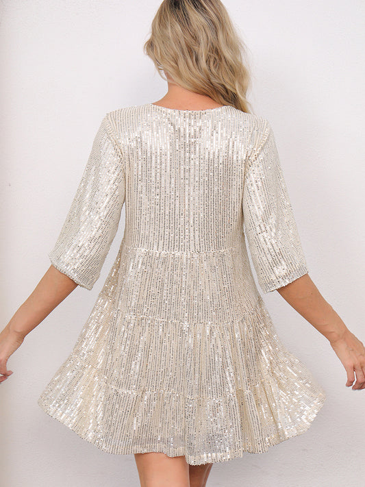 Mandotos International stylish sequined dress with short sleeves, loose waist, solid color, perfect for European and US cross-border fashion.