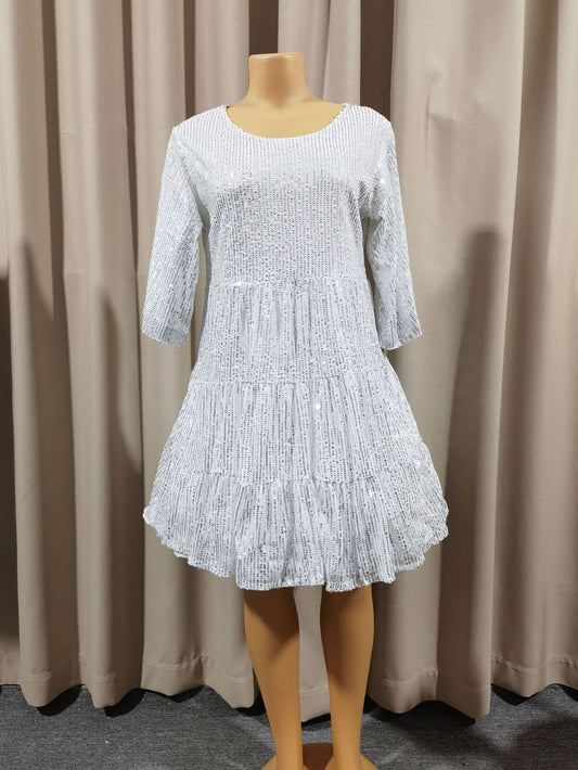 Mandotos International solid color short sleeve skirt dress with sequins, suitable for banquets and cross-border fashion events.
