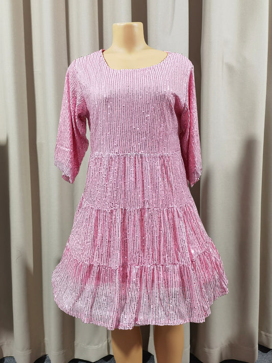 Mandotos International solid color short sleeve sequined dress with loose waist, suitable for banquets and cross-border fashion.