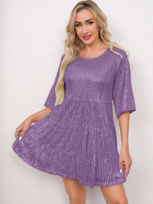 Mandotos International Europe and US cross-border fashion solid color loose waist short sleeve sequined banquet dress