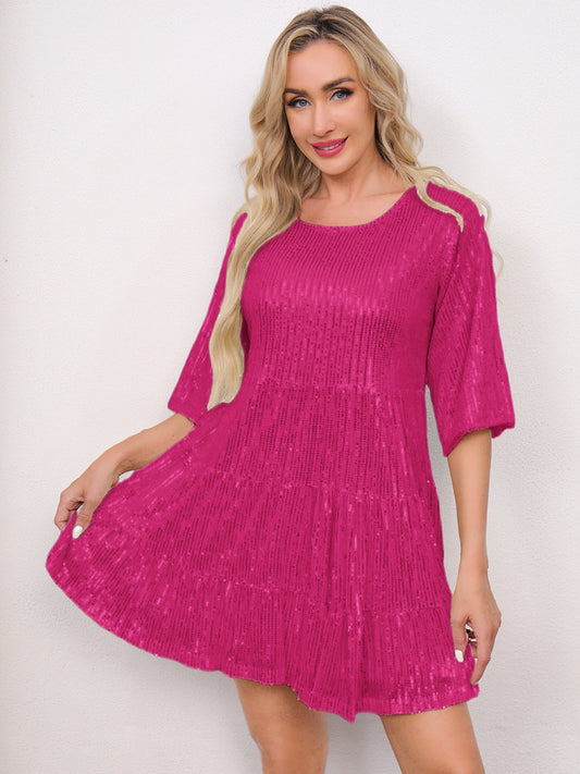 Mandotos International solid color loose waist short sleeve sequined skirt dress, suitable for banquets and formal events.