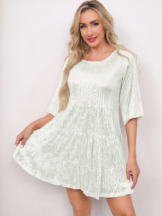 Mandotos International solid color short sleeve skirt dress with sequins, suitable for banquets and cross-border fashion events.