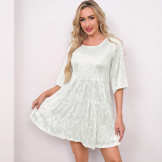 Mandotos International sequined dress featuring a solid color, loose waist, short sleeves, ideal for banquets and fashion events.