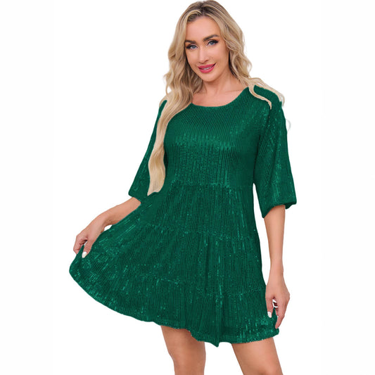 Mandotos International European and US cross-border fashion sequined banquet dress with solid color, loose waist, short sleeves, and skirt.