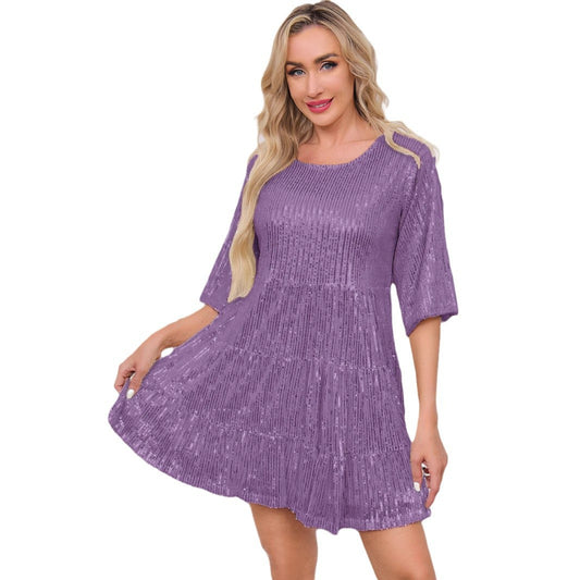 Mandotos International solid color short sleeve sequined dress with loose waist, suitable for banquets and cross-border fashion events.