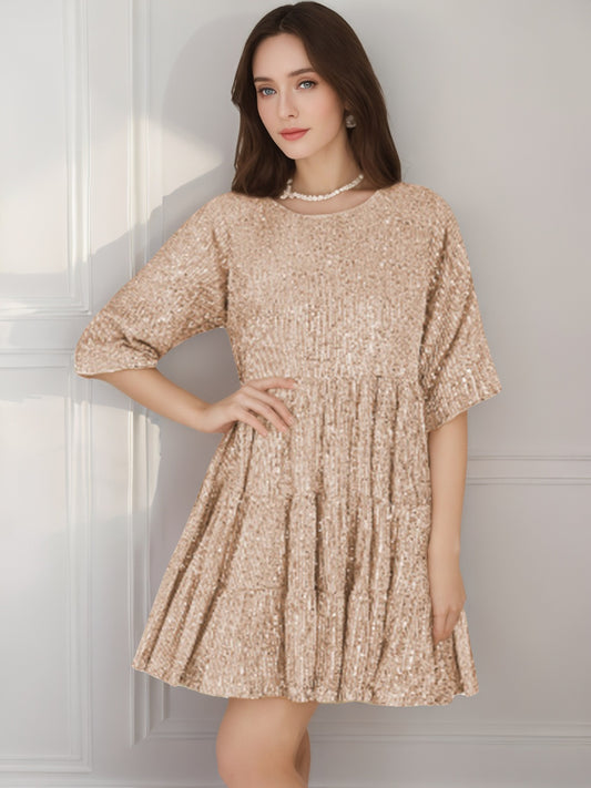 Mandotos International solid color short sleeve skirt dress with sequins, suitable for banquets, featuring a loose waist and fashionable style.