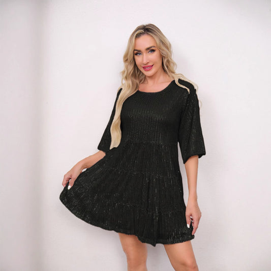 Mandotos International solid color loose waist short sleeve sequined dress, perfect for banquets and formal occasions.