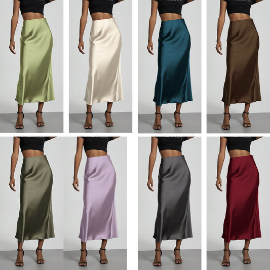 European American style satin midi skirt by MANDOTOS INTERNATIONAL, shown in a sleek, elegant design with a smooth satin finish.