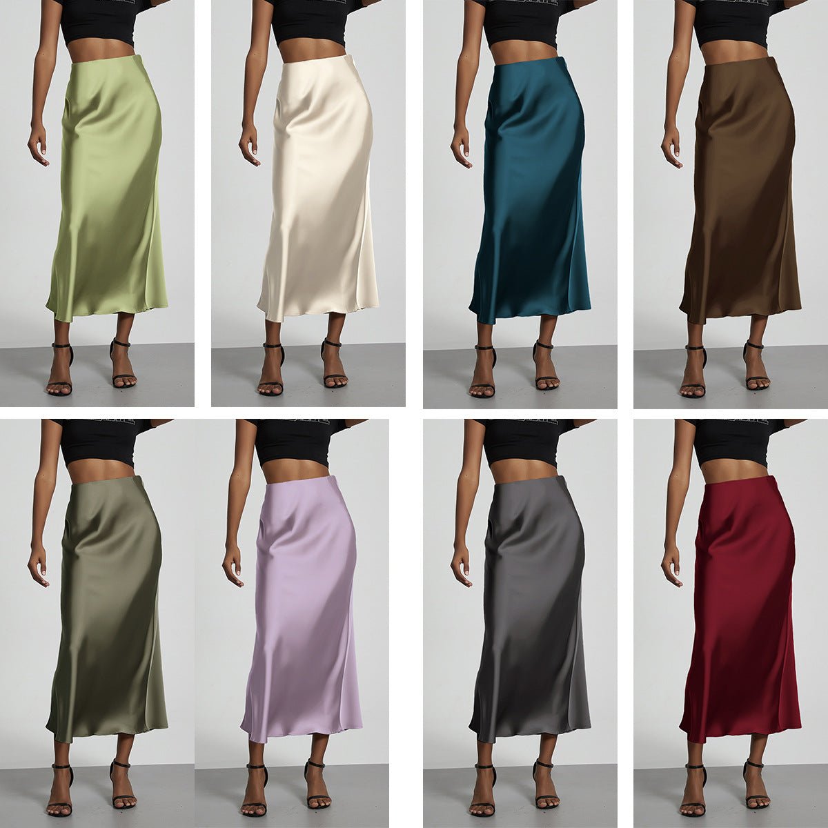 European American style satin midi skirt by MANDOTOS INTERNATIONAL, shown in a sleek, elegant design with a smooth satin finish.