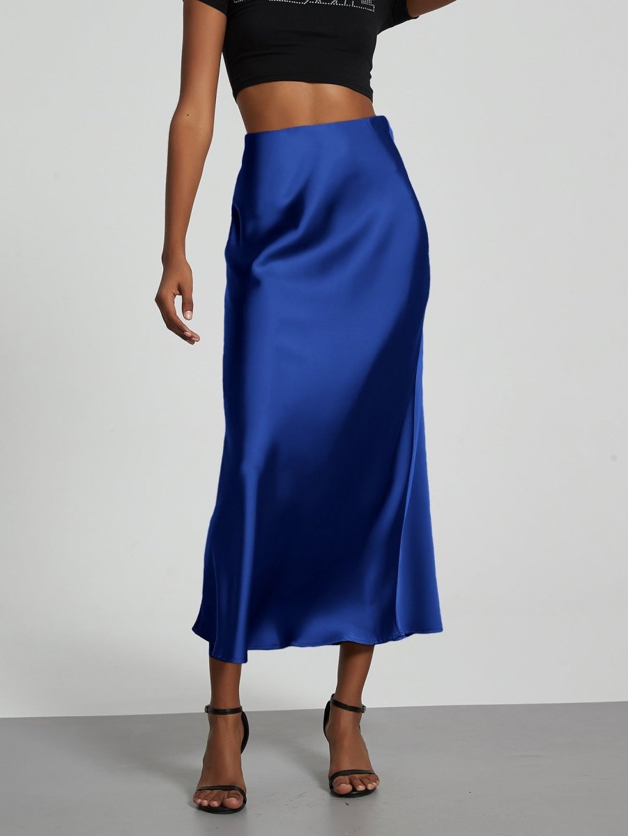 European American style satin midi skirt by MANDOTOS INTERNATIONAL, shown in a sleek, elegant design on a model.
