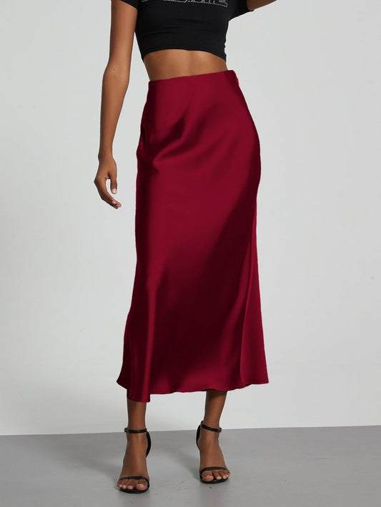 European American style satin midi skirt by Mandotos International, showcasing a sleek, elegant design in a close-up view.